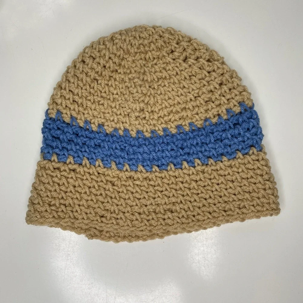 Handmade Crochet Beanie Hat‎ Tan Blue Stripe Adult Women Winter Warm Cottagecore